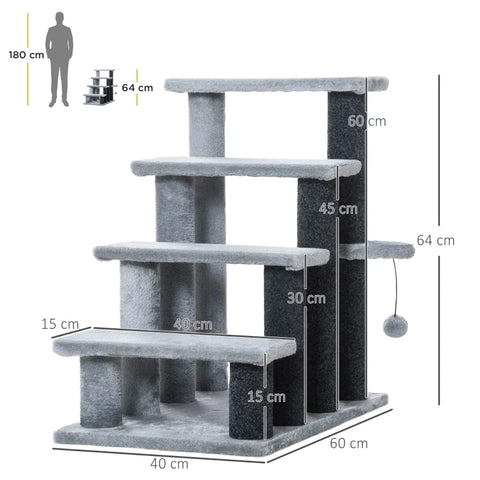 Rootz Haustiertreppe – Katzentreppe mit Kratzbaum – 4-stufige Hundetreppe – Tiertreppe – Spanplatte – Plüsch – Grau – 60 x 40 x 64 cm