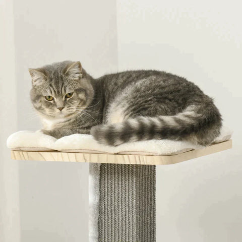 Rootz Scratching Post - Cat Roll - Cat Tree - Cat Climbing Tree - Cat Cave - Cat House - Pine Wood/Sisal/Plush - Natural/Grey - 70L x 50W x 125H cm