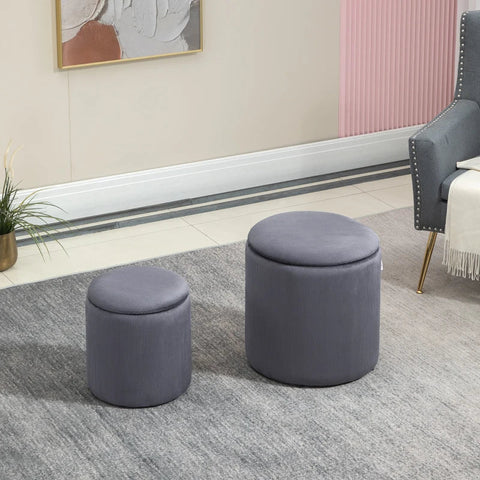 Rootz Stool Ottoman - Set Of Two - With Storage Space - Soft Padding - Cover In Corduroy Look - Grey - 40 x 40 x 41cm