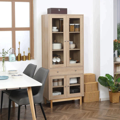 Rootz Kitchen Cabinet - Display Cabinet - 5 Storage Compartments - Drawer - Glass Door - Anti-tipper - Wood - Oak - 76 x 40 x 183 cm