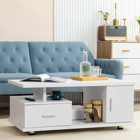 Rootz Couchtisch – 1 Schublade, 1 Schrank – 3 Regale – Weiß + Silber – 100 cm x 50 cm x 42 cm