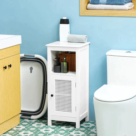 Rootz Badkamermeubel - 1 Vak - 1 Kast - Kastdeur In Rotan Look - MDF - Hout - Wit - 35 cm x 32 cm x 80 cm