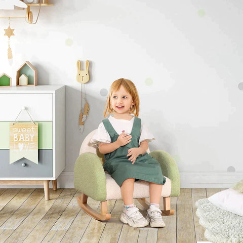 Rootz Rocking Chair for Toddlers - Cute Design - Imitation Sheepskin - Eucalyptus Wood Green + Yellow Beige - 50L x 45W x 50H cm