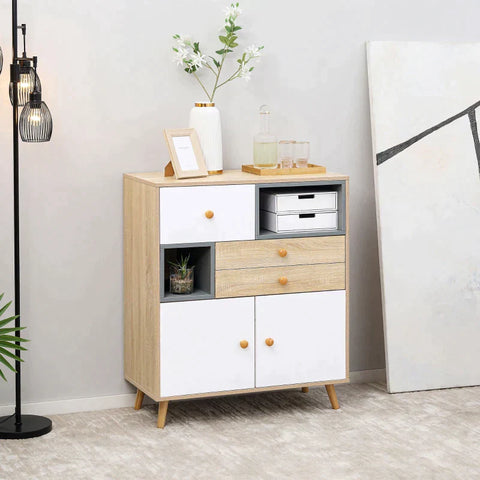 Rootz Sideboard - Sideboard Storage Cabinet - Sideboard In Scandi Design - 2 Drawers - 2 Shelves - 3 Cabinets - White + Natural + Grey - 80 cm x 40 cm x 95.6 cm