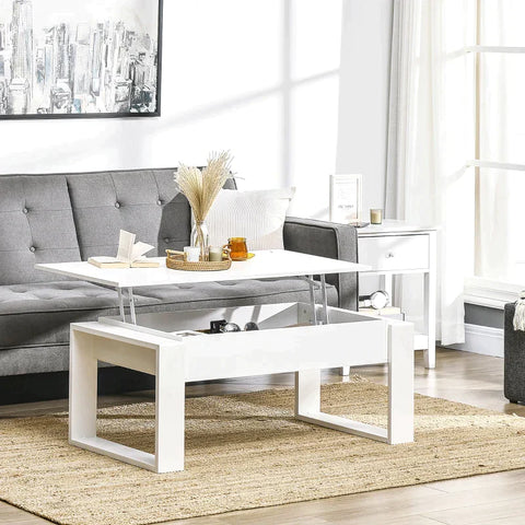 Rootz Couchtisch – Höhenverstellbarer Couchtisch mit versteckten Ablagefächern – Weiß – 105 cm x 79,5 cm x 59 cm