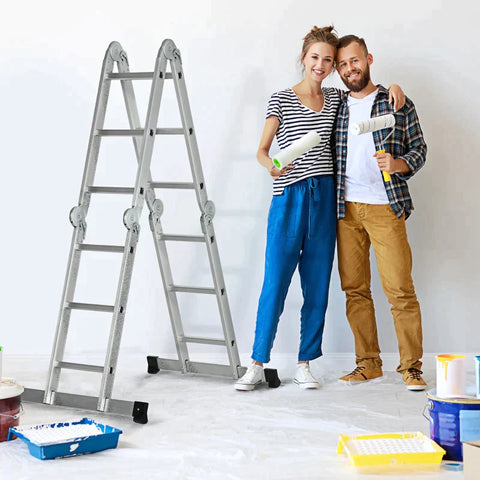 Rootz 5-in-1 Telescoping Ladder with 2 Safety Platforms - Alloy Aluminium Multi Purpose 4-Fold Collapsible Ladder with 12 Steps - 150 kg Weight Capacity - Silver - 339 x 76 x 10cm