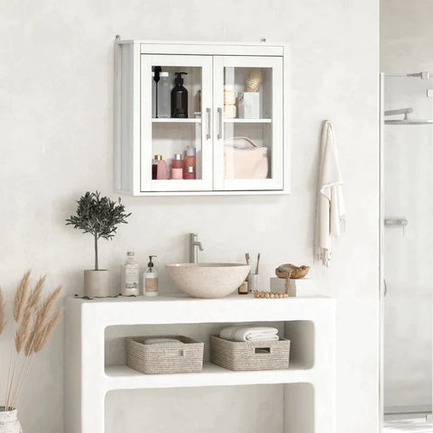 Rootz Bathroom Cabinet - 2 Glass Doors - 1 Shelf - MDF Wood - Glass - White - 60W x 19.5D x 54H cm