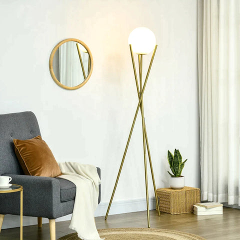 Rootz Floor Lamp - Tripod Floor Lamp - Tripod Design - Gold + White - 56.5L x 56.5W x 174H cm