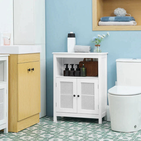 Rootz Bathroom Cabinet - Bathroom Cabinet In Rattan Look - 1 Shelf 1 Cabinet - MDF Wood - White - 60L x 30W x 80H cm