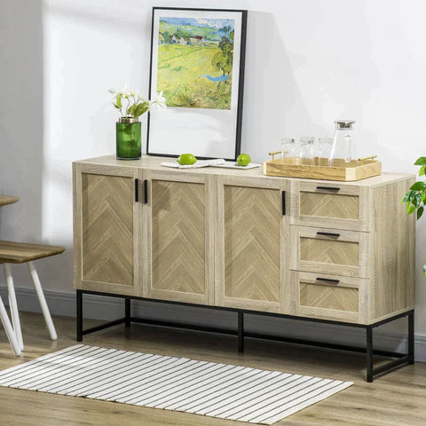 Rootz Sideboard In Industrial Design - 3 Cupboards - 3 Drawers -  Wood Material - Black + Nature - 156 cm x 43.5 cm x 85 cm