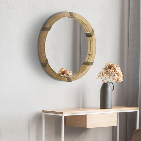 Rootz Wall Mirror - Mirror In Boho Style With Wooden Frame - MDF - Mirror Glass - Natural - 78 cm x 78 cm x 5 cm