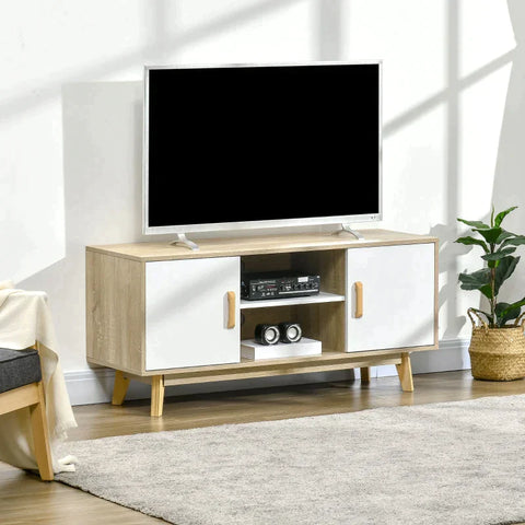 Rootz TV Cabinet - TV Lowboard -  TV Table - Sideboard With 2 Cabinets And Open Shelves - Scandi Design - Natural + White - 120 X 40 X 55 cm