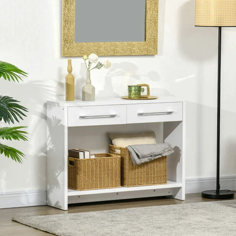 Rootz Console Table - Side Table with Bottom Shelf and Storage Drawers - Narrow Sofa Table - Hallway Table for Living Room - Entryway - White - 101.6 x 28 x 76.2 cm