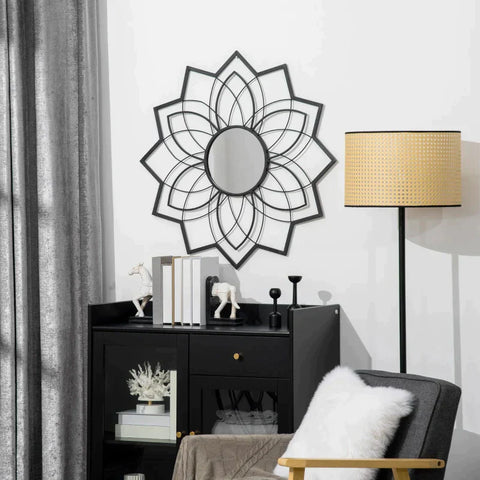 Rootz Round Mirror with Floral Patterns - Wall Mirror - Mirror Glass - Metal - MDF - Black - 79 cm x 79 cm x 0.4 cm