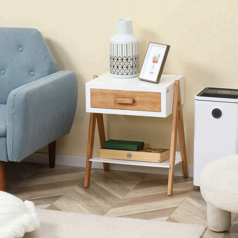 Rootz Side Table - Coffee Table - Side Table In Scandi Design - 1 Drawer 1 Shelf - MDF - White + Brown - 45L x 35W x 54.5H cm