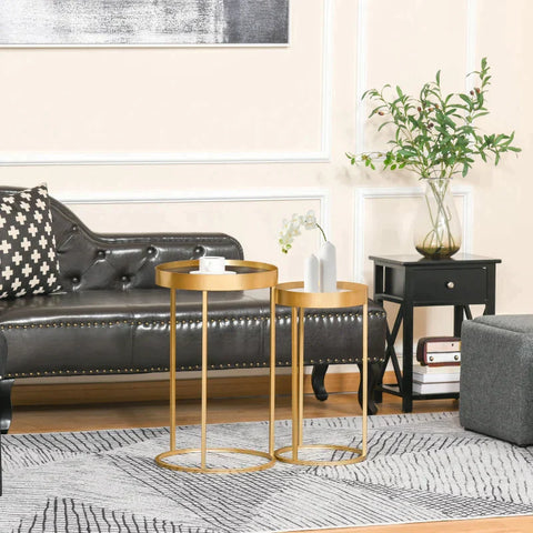 Rootz Side Table - Set of 2 Nesting Coffee Tables with Gold Metal Base - Round Side Table with Embedded Tabletop - Living Room - Bedroom - Gold - 39 cm x 39 cm x 63 cm