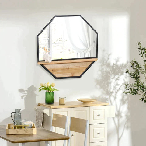 Rootz Wall Mirror - Wall Mirror With Shelf - Industrial Design - Fir Wood - Metal - Black + Nature - 61L x 8.4W x 61H cm