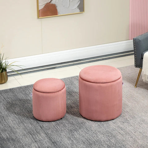 Rootz Stool Ottoman - Set Of Two - With Storage Space - Soft Padding - Cover In Corduroy Look - Pink - 40 x 40 x 41cm
