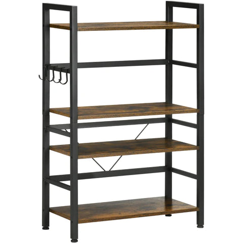 Rootz Kitchen Shelf - Industrial Design - 4 Shelves - 4 Hooks - Standing Shelf - Shelf - Brown + Black - 65cm x 30cm x 102cm