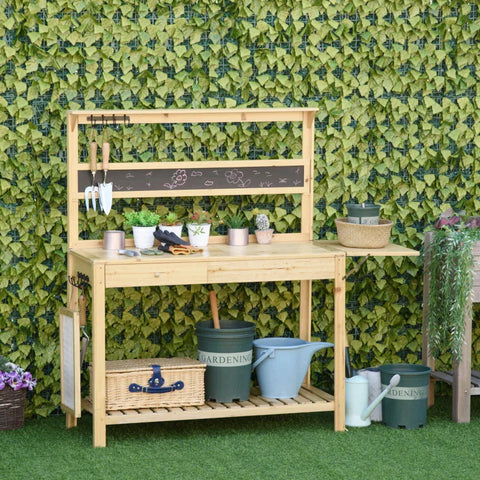 Rootz Planting Table - Gardening Table With 8 Hooks Drawer Shelf - Flower Table - Garden - Patio - Natural - 151 x 45.5 x 143 cm