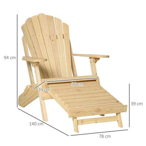 Rootz Garden Chair - Adirondack Garden Chair with Footrest - Folding Sun Lounger - Outdoor Garden Furniture - Natural Pine - 78 x 140 x 94 cm