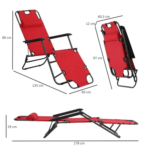Rootz Sonnenliege mit Kissen – faltbare Strandliege – 2-stöckige Gartenliege – 2-in-1-Entspannungsliege – Metall + Oxford-Stoff – Rot – 135 x 60 x 89 cm