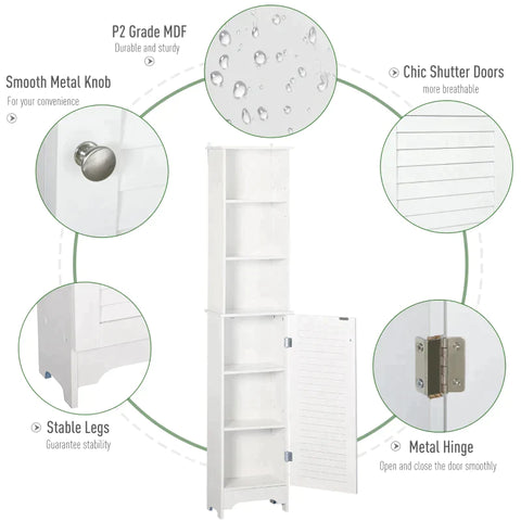Rootz Bathroom Cabinet - Freestanding 6-tier Tall Bathroom Storage -  Louvered Doors - White - 34 cm x 20 cm x 165 cm