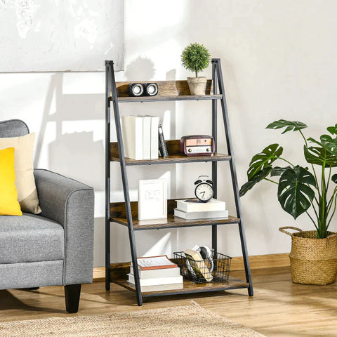 Rootz Ladder Shelf - Storage Rack - Free-standing Ladder Shelf - Industrial Design 4 Shelves - Chipboard/Steel - Brown/Black - 63.5 cm x 44 cm x 121 cm