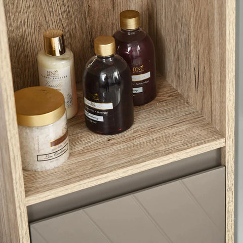 Rootz Bathroom Shelf - Bathroom Cabinet - Kitchen Cabinet - 2 Door Cabinets - 2 Open Shelves - Chipboard + MDF - Gray + Natural - 30 x 24 x 170cm