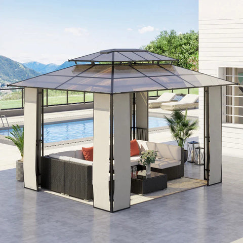 Rootz Garden Pavilion - Gazebo With Sun Canopy - Made Of Polycarbonate Panels - UV Protection - Water-repellent - Robust - Brown + Light Grey - 3.65 x 3 x 2.75 m