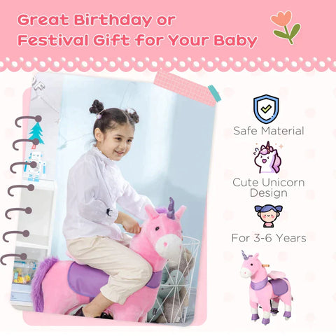 Rootz Kids Rocking Horse - Rocking Horse - Kids Ride-on Unicorn - With Two Wheels - Steel/Poplar Wood/PU - Pink - 70 cm x 32 cm x 87 cm