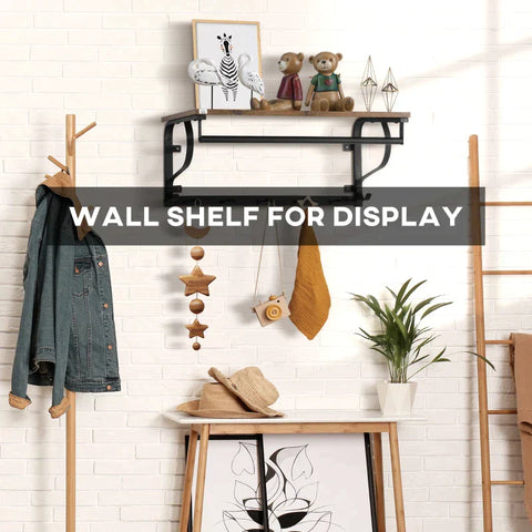 Rootz Wall Shelf - Floating Wall Shelf - Industrial-Style Floating Wall Shelf - With Hooks - Steel/Wood - Brown/Black - 66 x 30 x 27 cm