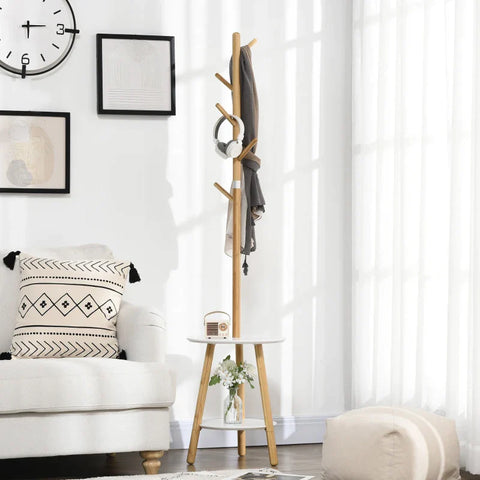 Rootz Kapstok - Kapstok Met Bijzettafel - Scandi Design - 5 Kapstokhaken - Naturel + Wit - 39,5 cm x 39,5 cm x 171 cm