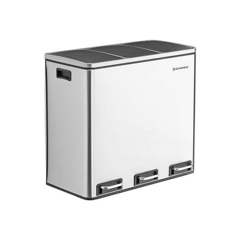 Rootz Trash Can - Trash Bin - Pedal Bin With 3 Compartments - Waste Separation System - With Foot Pedal - 3 Inner Bins - Kitchen Trash Can - Steel - Plastic - Silver-Black - 61.5 x 31.5 x 56 cm (L x W x H)