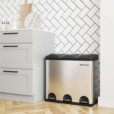 Rootz Trash Can - Trash Bin - Pedal Bin With 3 Compartments - Waste Separation System - With Foot Pedal - 3 Inner Bins - Kitchen Trash Can - Steel - Plastic - Silver-Black - 61.5 x 31.5 x 56 cm (L x W x H)