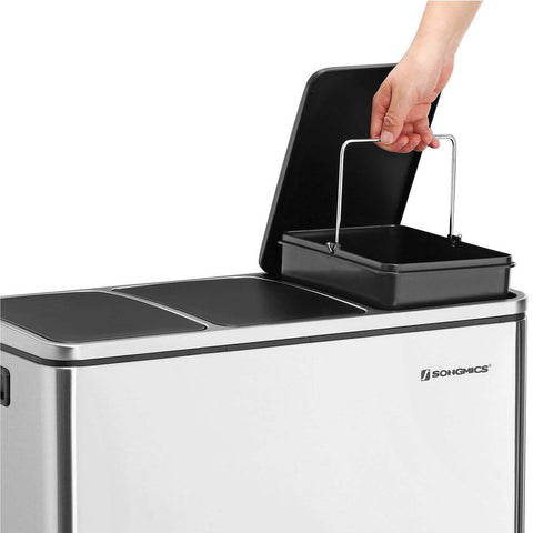 Rootz Trash Can - Trash Bin - Pedal Bin With 3 Compartments - Waste Separation System - With Foot Pedal - 3 Inner Bins - Kitchen Trash Can - Steel - Plastic - Silver-Black - 61.5 x 31.5 x 56 cm (L x W x H)
