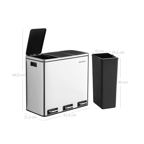 Rootz Trash Can - Trash Bin - Pedal Bin With 3 Compartments - Waste Separation System - With Foot Pedal - 3 Inner Bins - Kitchen Trash Can - Steel - Plastic - Silver-Black - 61.5 x 31.5 x 56 cm (L x W x H)
