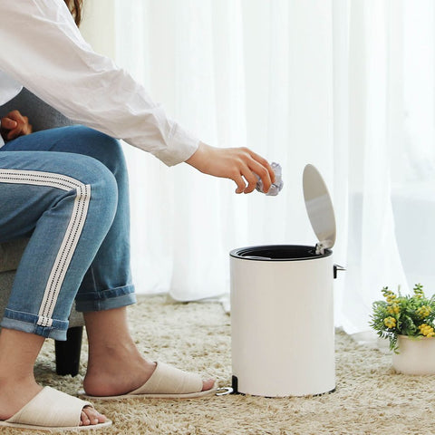 Rootz Trash Can - Soft Close Function - Ideal Waste Container - Bathroom Trash - Perfect Design - High-quality - Inner Bucket - Widely Applicable - Stainless Steel - White - 25.6 x 26.3 x 18.1 cm