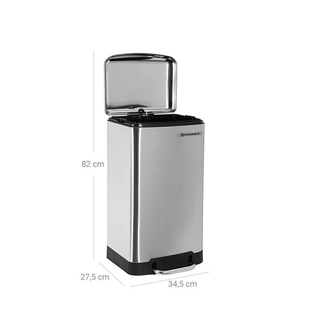 Rootz Trash Can - Soft Close Function - Ideal Waste Container - Bathroom Trash - Perfect Design - High-quality - Inner Bucket - Widely Applicable - Stainless Steel - Silver - 34.5 x 27.5 x 61.5 cm