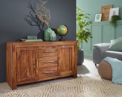 Rootz Dressoir - Massief Hout Sheesham - 3 Laden - 2 Deuren - Landhuisstijl - Bruin - 118 cm