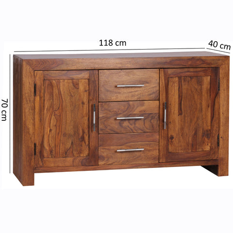 Rootz Dressoir - Massief Hout Sheesham - 3 Laden - 2 Deuren - Landhuisstijl - Bruin - 118 cm