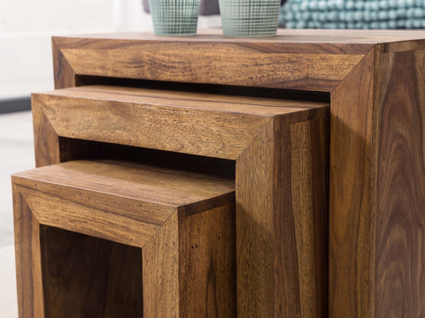 Rootz Satztische – 3er-Set – Massivholz Sheesham – Dunkelbraun – Landhausstil – Wohnzimmer-Beistelltische