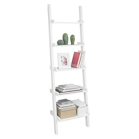 Rootz White Modern 5 Tiers Wood Ladder Shelf-Storage Display Shelving Wall Shelf Bookcase
