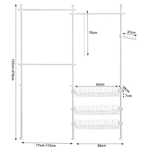 Rootz Telescopic Wardrobe Organiser-Hanging Rail-Clothes Rack-Storage Shelving