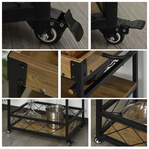 Rootz Keukentrolley - Serveerwagen - Keukentrolley - Wijnrek - Glashouder - Rem - Op wielen - Metaal - Bruin - Zwart