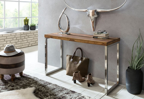 Rootz Console Table - Solid Wood - Sheesham - Metal Legs - Desk 120x45 cm - Country Style Sideboard - Modern Design