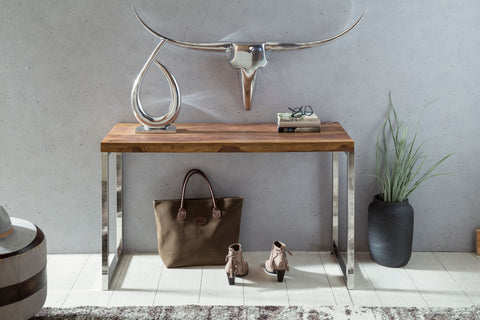 Rootz Console Table - Solid Wood - Sheesham - Metal Legs - Desk 120x45 cm - Country Style Sideboard - Modern Design