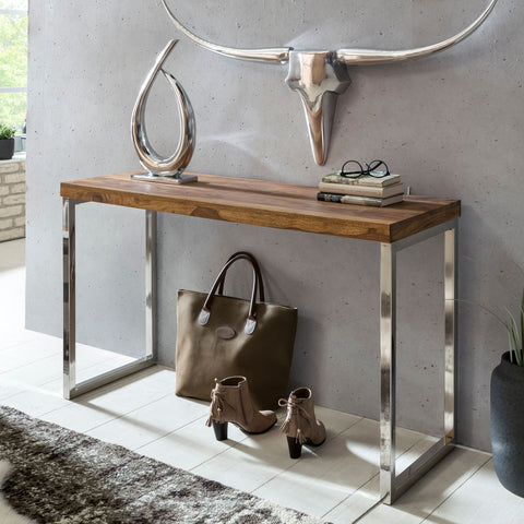 Rootz Console Table - Solid Wood - Sheesham - Metal Legs - Desk 120x45 cm - Country Style Sideboard - Modern Design