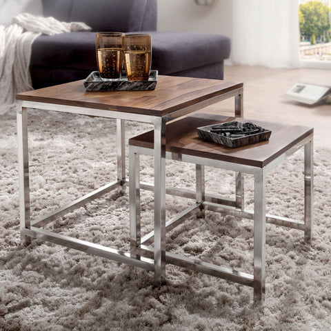 Rootz Coffee Tables - Set of 2 Side Tables - Coffee Tables - Brown/Silver - 45 x 45 cm - 35 x 35 cm