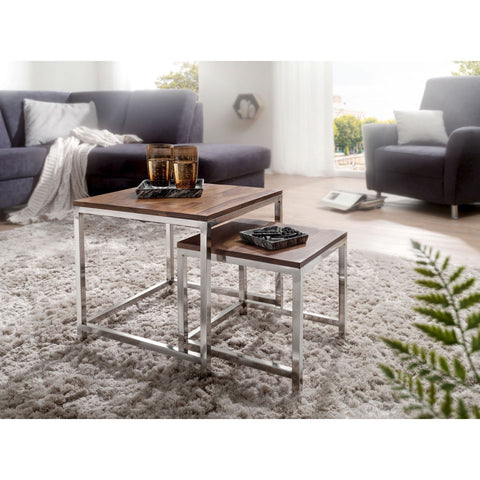 Rootz Coffee Tables - Set of 2 Side Tables - Coffee Tables - Brown/Silver - 45 x 45 cm - 35 x 35 cm